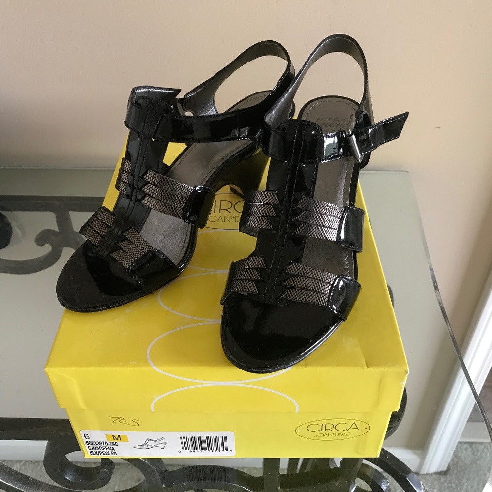 Joan & David black and pewter wedge sandals